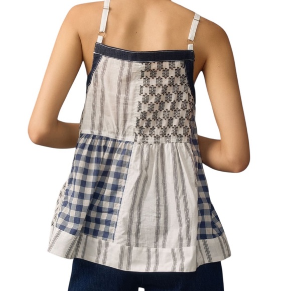 Pilcro Anthropologie button front Patchwork Spaghetti Strap Apron Top Blue - Picture 2 of 9